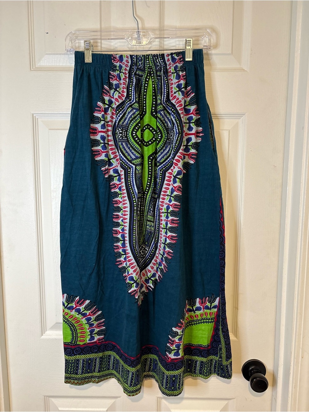 EARTHBOUND Teal Maxi Skirt with Neon Green & Pink Pattern